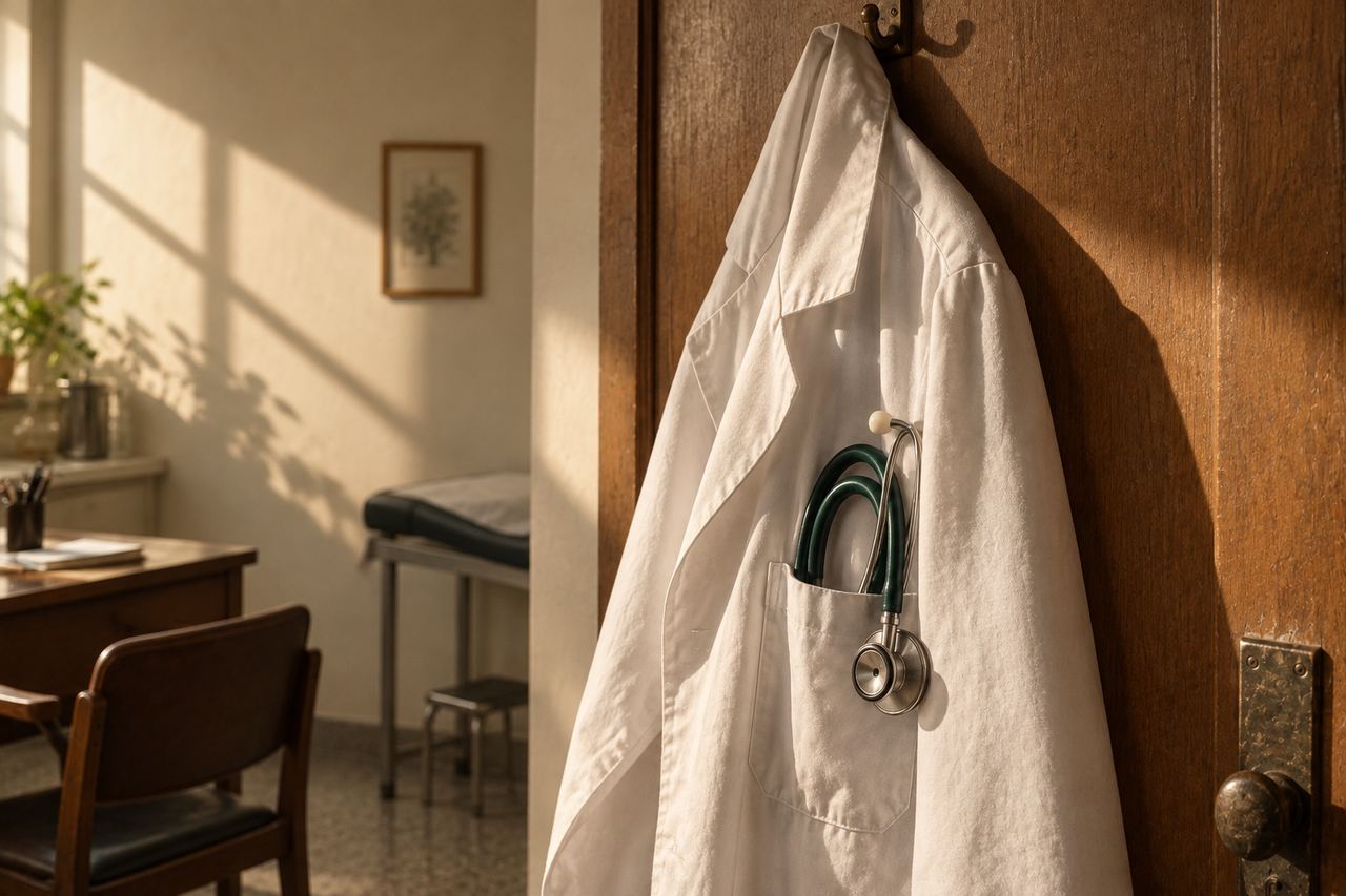 Jaleco branco pendurado atrás da porta do consultório, com um estetoscópio verde no bolso, na luz do fim da tarde