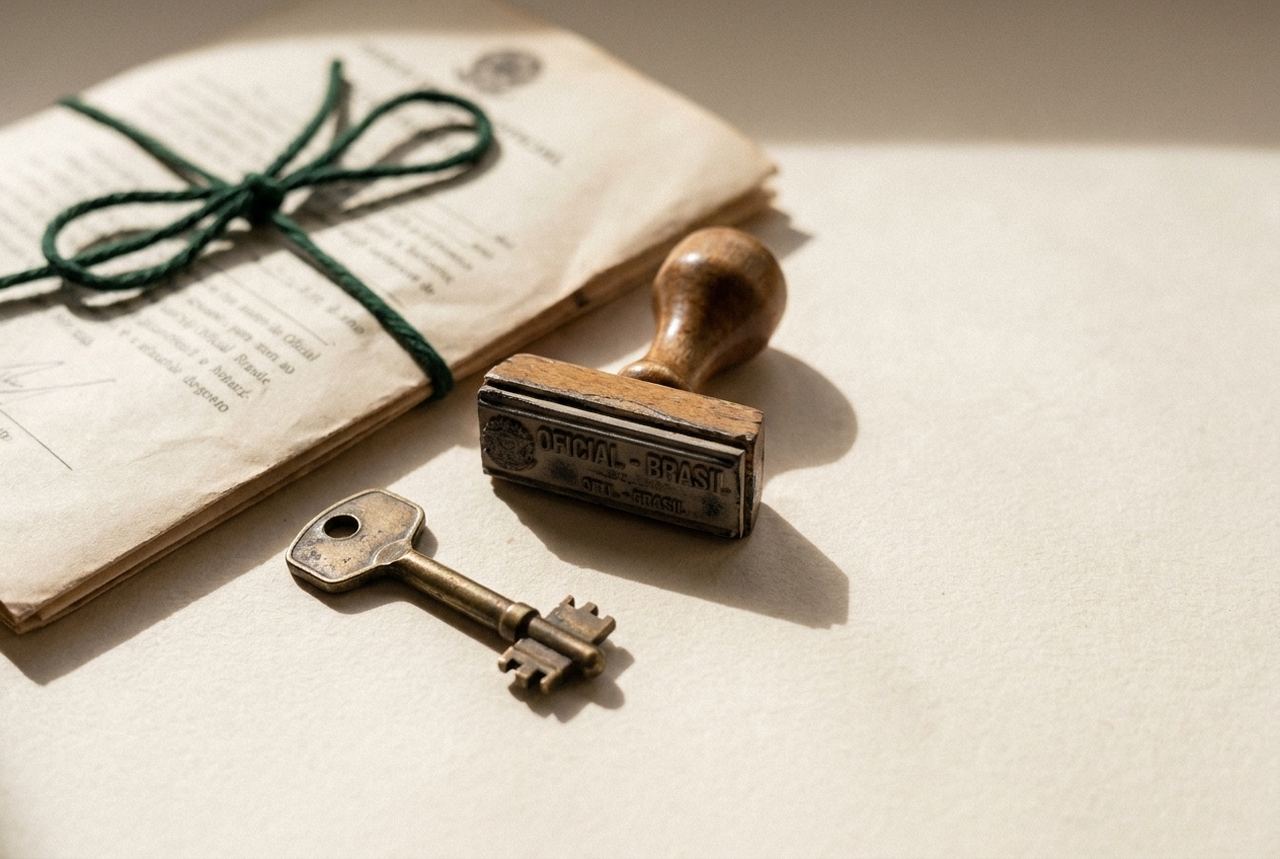 Chave antiga de latão, carimbo de madeira e um maço de documentos antigos amarrado com barbante verde