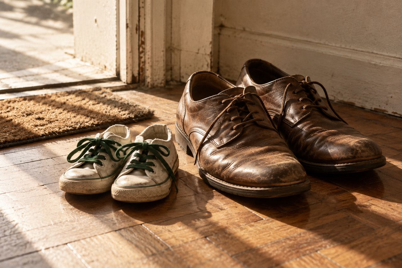 Tênis de criança com cadarço verde ao lado de um par de sapatos de adulto, no chão de taco da entrada de casa