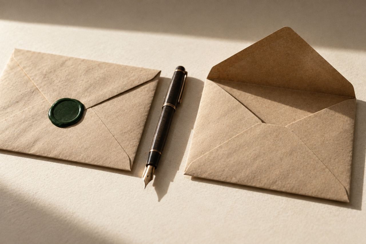 Dois envelopes pardos iguais, um lacrado com cera verde e outro aberto, com uma caneta-tinteiro entre eles